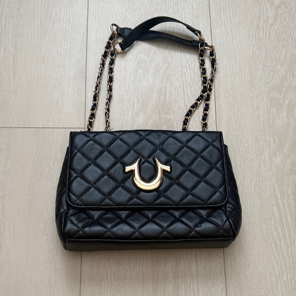 True Religion Handbags - True Religion Black Quilted Shoulder Bag with Gold Accents